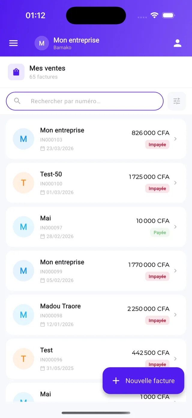 Écran Factures & devis de l'application Nkabaara